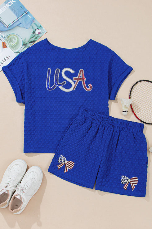 Sky Blue Sequined USA Bowknot Buttoned Back Textured Short Set